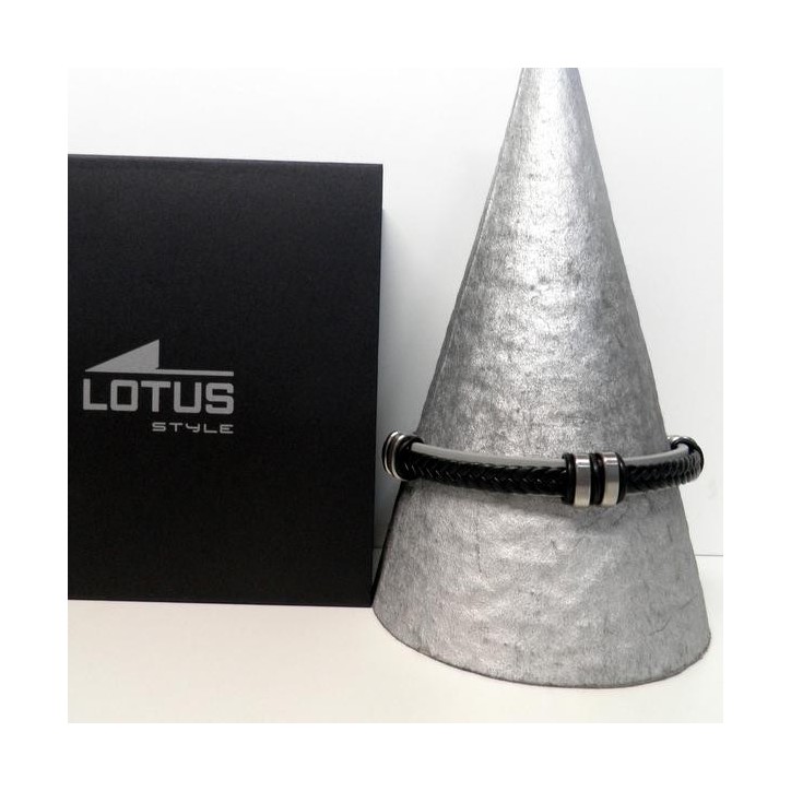 Bracelet Lotus pour Homme en Acier et Cuir noir , Bijoux Lotus