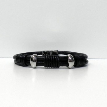 Bracelet Homme Lotus en cuir noir et fermoir acier , Lotus Bijoux
