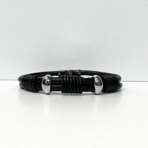 Bracelet Homme Lotus en cuir noir et fermoir acier , Lotus Bijoux