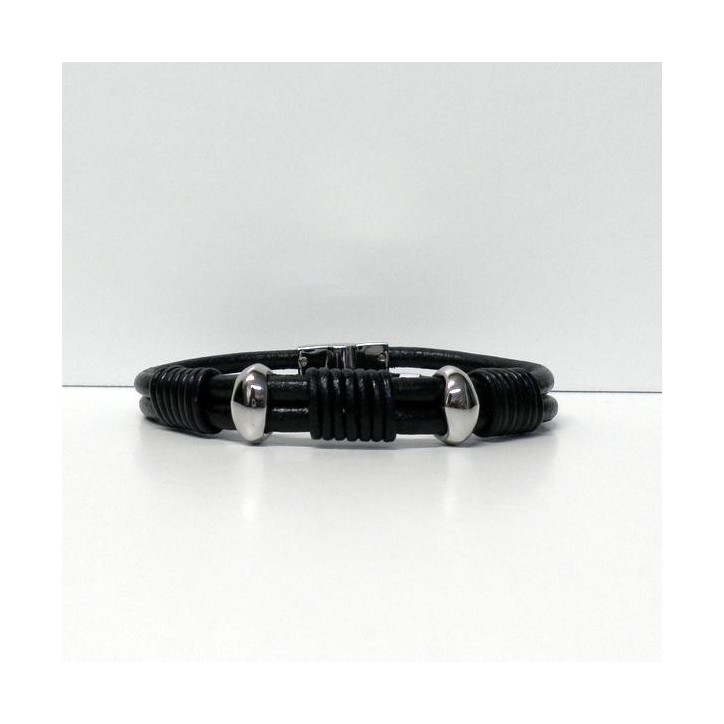 Bracelet Homme Lotus en cuir noir et fermoir acier , Lotus Bijoux