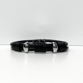Bracelet Homme Lotus en cuir noir et fermoir acier , Lotus Bijoux