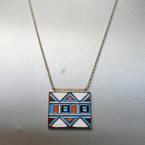 Sautoir Reminiscence en Metal Dore avec Pendentif Colore en Email , Bijoux Remin