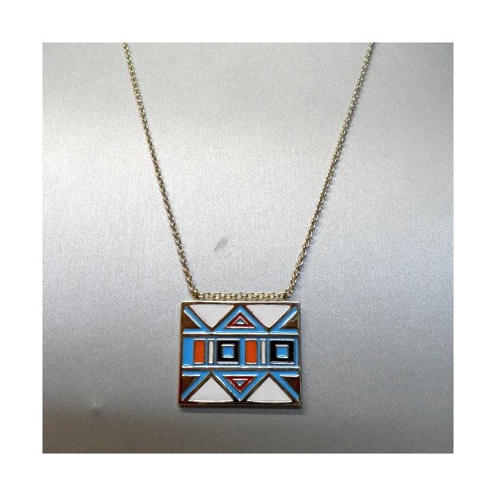 Sautoir Reminiscence en Metal Dore avec Pendentif Colore en Email , Bijoux Remin