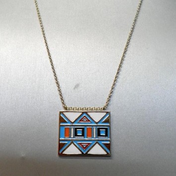 Sautoir Reminiscence en Metal Dore avec Pendentif Colore en Email , Bijoux Remin